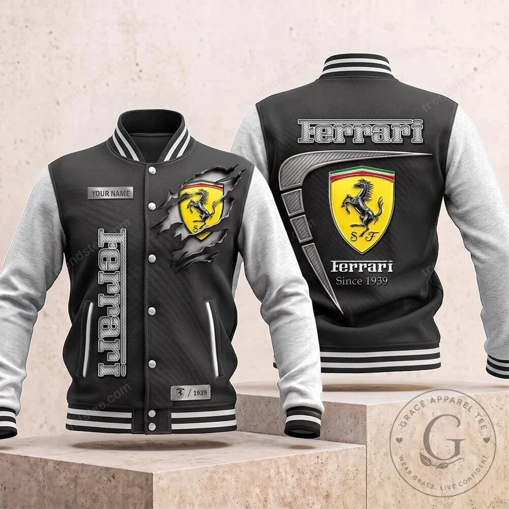Ferrari Racing Team Personalized Black and White Varsity Jacket
